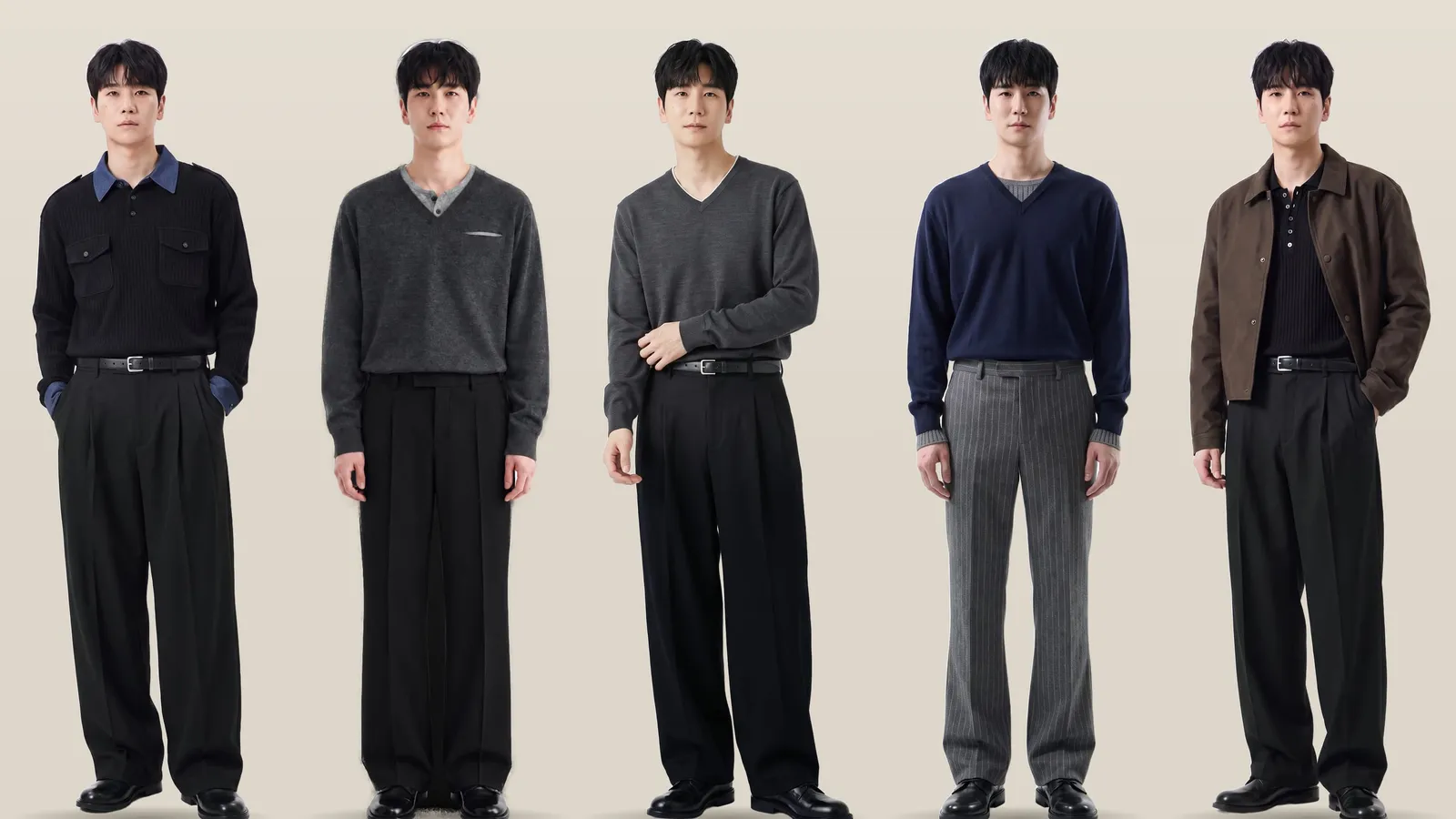 데님 배색 폴로, 헨리넥 레이어드 니트, 차콜 브이넥, 네이비 배색 니트, 다크브라운 트러커 재킷을 입은 남자 가을 소개팅 코디 5가지