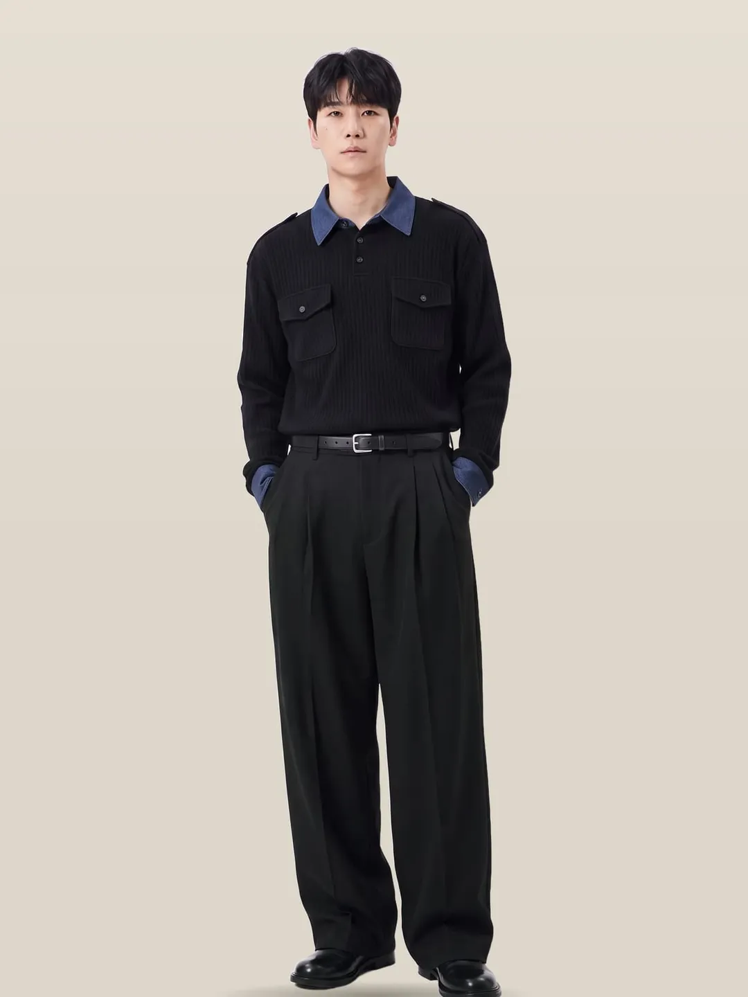 데님 배색 블랙 폴로셔츠와 퍼플그레이 슬랙스, 블랙 더비슈즈를 입은 첫 소개팅 남자 코디